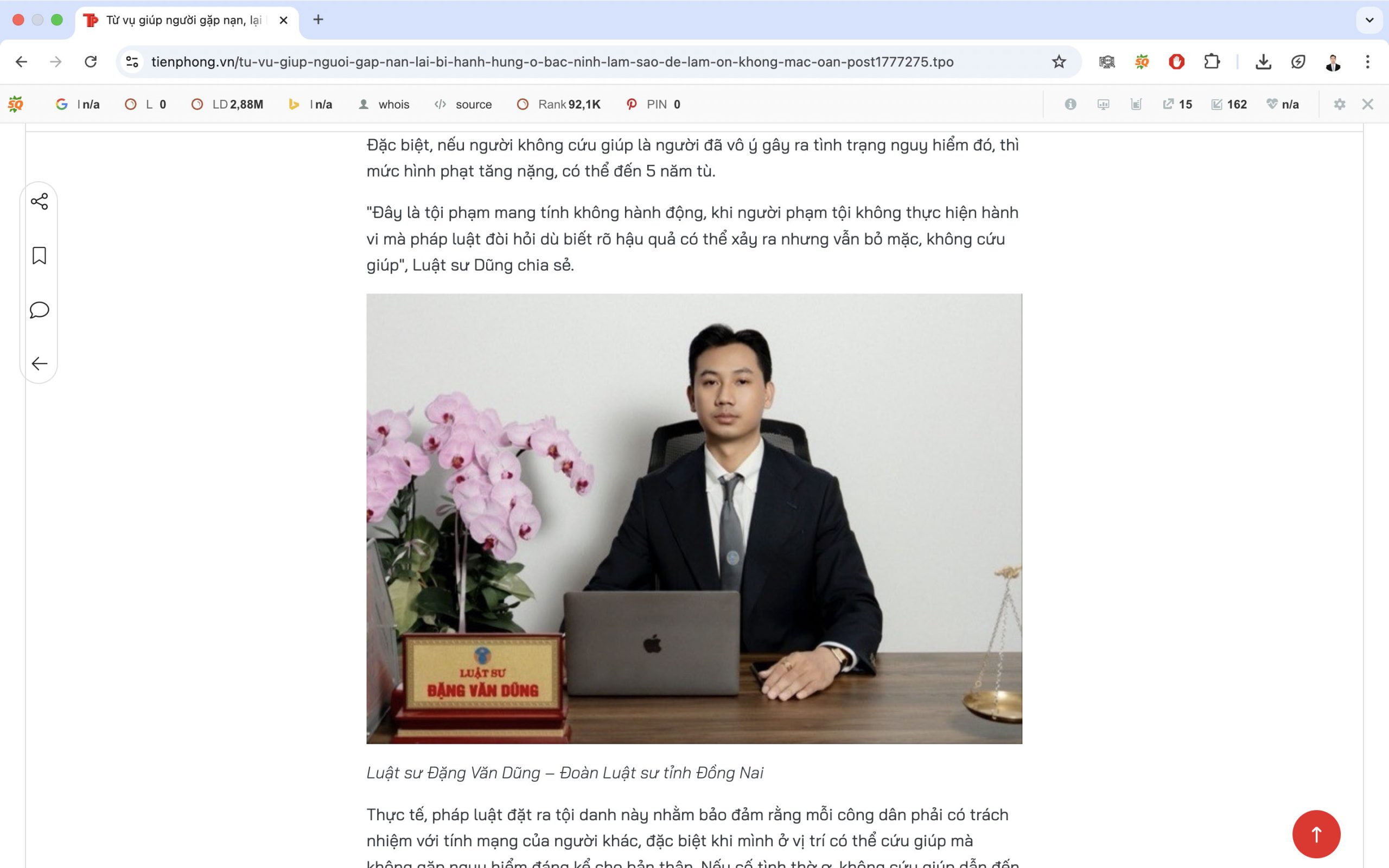 Luật sư Đặng Văn Dũng chia sẻ trên Báo Tiền Phong về hành vi không cứu giúp người bị tai nạn giao thông